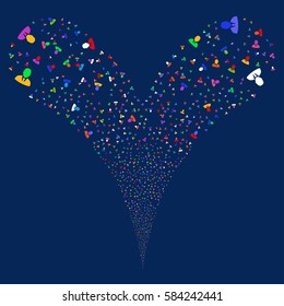 Manager fireworks stream. Vector illustration style is flat bright multicolored iconic symbols on a blue background. Object double fountain organized from random pictographs.