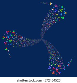 Manager fireworks swirl rotation. Vector illustration style is flat bright multicolored iconic symbols on a blue background. Object whirl organized from random symbols.