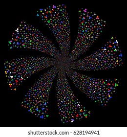 Manager fireworks swirl rotation. Vector illustration style is flat bright multicolored iconic symbols on a black background. Object twirl organized from random icons.