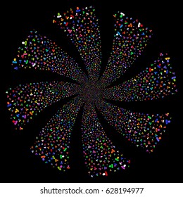 Manager fireworks swirl rotation. Vector illustration style is flat bright multicolored iconic symbols on a black background. Object whirlpool done from random pictograms.