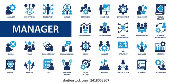 Manager flat icons set. Values, strategy, leadership, teamwork, supervision, hiring icons and more signs. Flat icon collection.