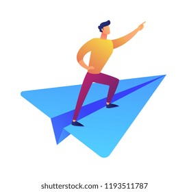 Manager flying on paper plane vector illustration. Marketing strategy and management, business achievement and target, leadership and company marketing concept. Isolated on white background.