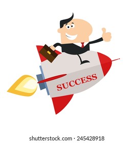 Manager Flying On The Rocket And Giving Thumb Up.Flat Style Vector Illustration With Text