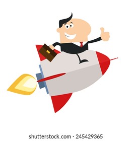 Manager Flying On The Rocket And Giving Thumb Up.Flat Style Vector Illustration