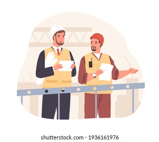 Manager And Foreman In Helmets Standing On Crane At Construction Site. Inspector Or Supervisor Controlling Building Process. Colored Flat Vector Illustration Of Workers Isolated On White Background