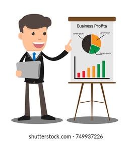 manager in formal suit gives a presentation and shows a graph diagram and holding tablet in hand. Cartoon character business concept vector illustration.