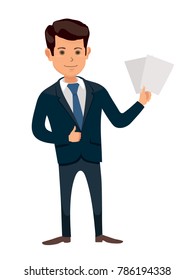 Manager in formal suit holding a blank sheets, with a thumb up. Cartoon character. Stock vector illustration in flat design.
