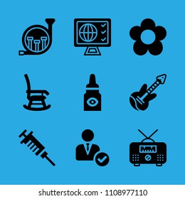 manager, french horn, flower, rocking chair, radio, syringe, television, eye drops and electric guitar vector icon. Simple icons set