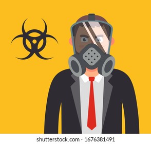 gerente con una máscara de gas. proteger su salud de las armas biológicas. Ilustración vectorial de carácter plano.