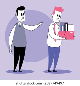 Manager gesturing decisively towards employee looking disheartened while holding box of personal belongings