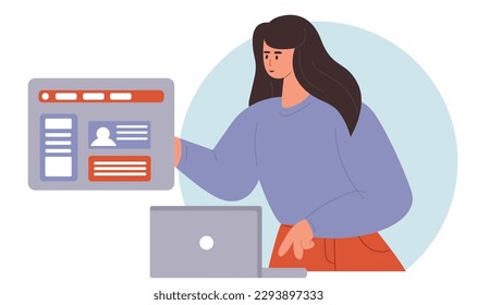 Сontent manager girl working at her laptop. Website editor at work on her computer. A woman browsing the Internet. Concept of information technology. Flat vector illustration, isolated