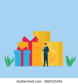 Manager give the present for his employee. Metaphor of bonus and reward.