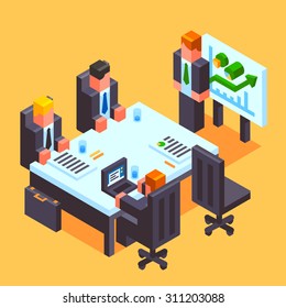 Manager gives a presentation of the new project. Deal with business partners. Vector flat illustration.