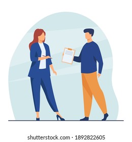 Manager giving document to female boss for signing. Leader, male assistant, agreement. Flat vector illustration. Contract, business, paperwork concept for banner, website design or landing web page