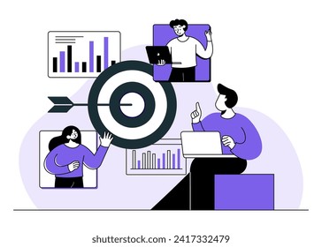 manager giving tasks and feedback about project to employees, Workflow management, effective and productive teamwork, Online business communication, Remote work process flat illustration, Meeting