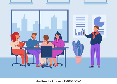 Manager giving tiresome presentation to audience in office. Cartoon character giving boring lecture to team of people, training at work flat vector illustration. Business meeting concept for banner