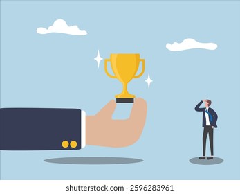 Manager giving trophy to businessman or employee. Concept of career success, get reward, promotion achievement, growth position flat vector illustration.
