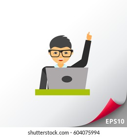 Manager in glasses working laptop icon