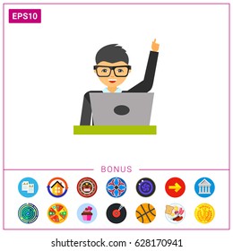 Manager in glasses working laptop icon