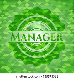 Manager green emblem. Mosaic background