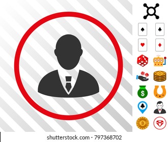 Manager grey pictograph inside red circle with bonus gambling graphic icons. Vector illustration style is flat iconic symbols. Designed for gambling websites.