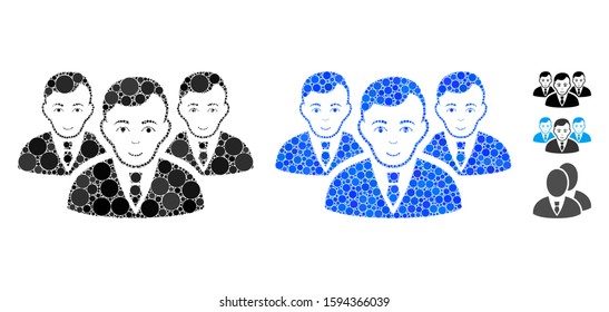 Manager group composition of round dots in variable sizes and color tints, based on manager group icon. Vector round dots are grouped into blue mosaic.