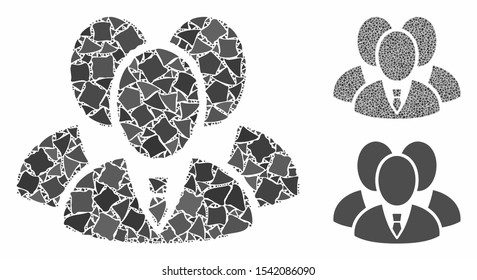 Manager group composition of unequal parts in variable sizes and color hues, based on manager group icon. Vector humpy parts are organized into collage.