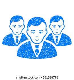 Manager Group grainy textured icon for overlay watermark stamps. Flat symbol with scratched texture. Dotted vector blue ink rubber seal stamp with grunge design on a white background.