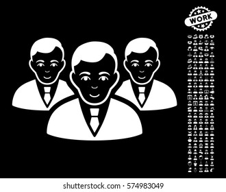 Manager Group icon with bonus occupation icon set. Vector illustration style is flat iconic white symbols on black background.