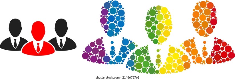 Gestionar el icono de mosaico de grupo de elementos de círculo en diferentes tamaños y sombras de color de espectro. Un grupo de gestores de colores LGBT para lesbianas, gays, bisexuales y transgéneros.