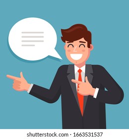 Manager-Typ zeigt sich positiv. Blase mit Text. flache Vektorillustration.