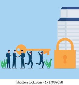 Manager handshake for acquisition and employee bring the key. Business flat vector concept illustration for Wallpaper, Banner, Background, Infographic, Book, And Web Landing Page.