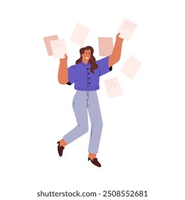 Gerente alegremente mostra um relatório do trabalho concluído. Folhas de papel estão voando ao seu redor. Mulher contadora antes das férias. Ótimo dia no trabalho. Ilustração vetorial isolada sobre fundo branco.
