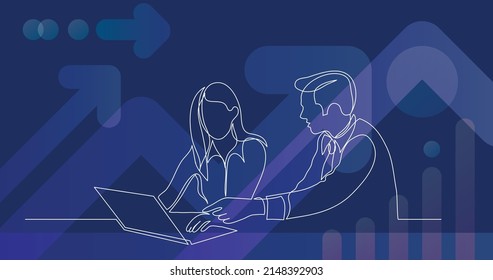 Manager, der Mitarbeiter beim Zeigen auf dem Laptop-Computer unterstützt - Einzeilenzeichnung