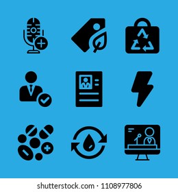 manager, high voltage, television, resume, pills, water, bag, tag and microphone vector icon. Simple icons set