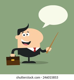 Manager Holding A Pointer Stick.Flat Style Vector Illustration With Speech Bubble