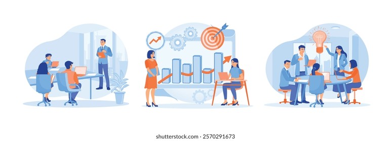 Manager holding a presentation with colleagues. Discuss business strategies to achieve targets. Brainstorm ways to improve marketing. Launching Advertising Campaign concept.