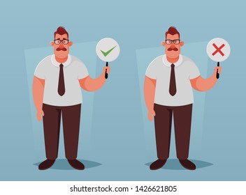 Manager Holding Right and Wrong Signs. Cartoon Style. Vector Illustration