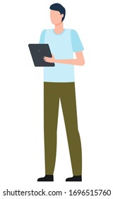 Manager holding tablet, working with wireless device, worldwide internet connection. Employee communication online by using computer. B2B management, male taking orders in flat design cartoon style