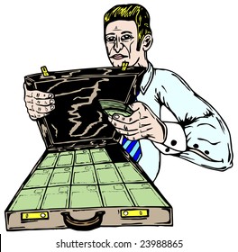 Manager holds suitcase full of money vector illustration
