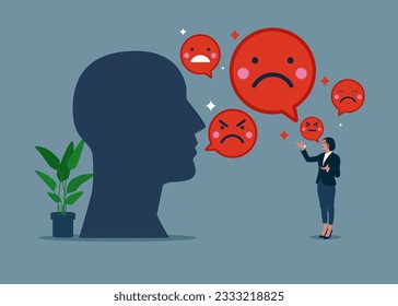 Manager and human head holding sad and evils face  emoji. Employees no happiness, job no satisfaction, company no benefit, negative attitude. Vector illustration