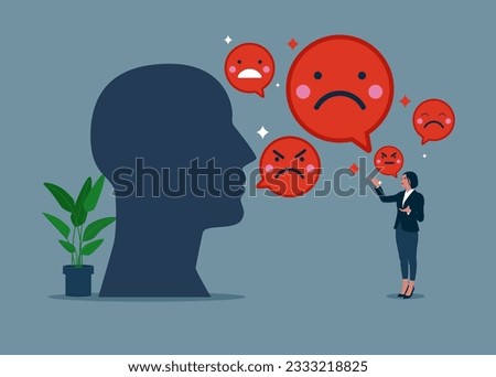 Manager and human head holding sad and evils face  emoji. Employees no happiness, job no satisfaction, company no benefit, negative attitude. Vector illustration