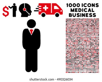 Manager icon with 1000 medical business intensive red and black vector design elements. Design style is flat bicolor symbols, white background.