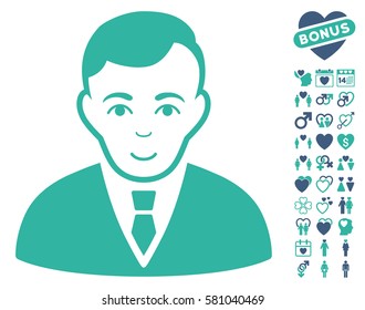 Manager icon with bonus lovely clip art. Vector illustration style is flat iconic cobalt and cyan symbols on white background.