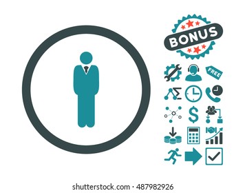 Manager icon with bonus pictogram. Vector illustration style is flat iconic bicolor symbols, soft blue colors, white background.