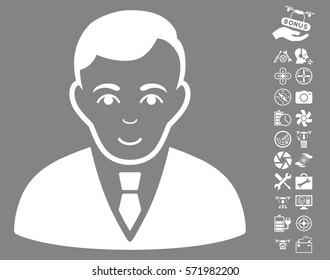 Manager icon with bonus quadrocopter tools graphic icons. Vector illustration style is flat iconic white symbols on gray background.