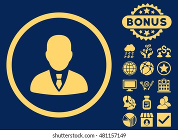 Manager icon with bonus. Vector illustration style is flat iconic symbols, yellow color, blue background.