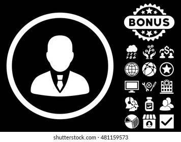 Manager icon with bonus. Vector illustration style is flat iconic symbols, white color, black background.
