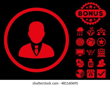 Manager icon with bonus. Vector illustration style is flat iconic symbols, red color, black background.