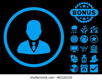 Manager icon with bonus. Vector illustration style is flat iconic symbols, blue color, black background.